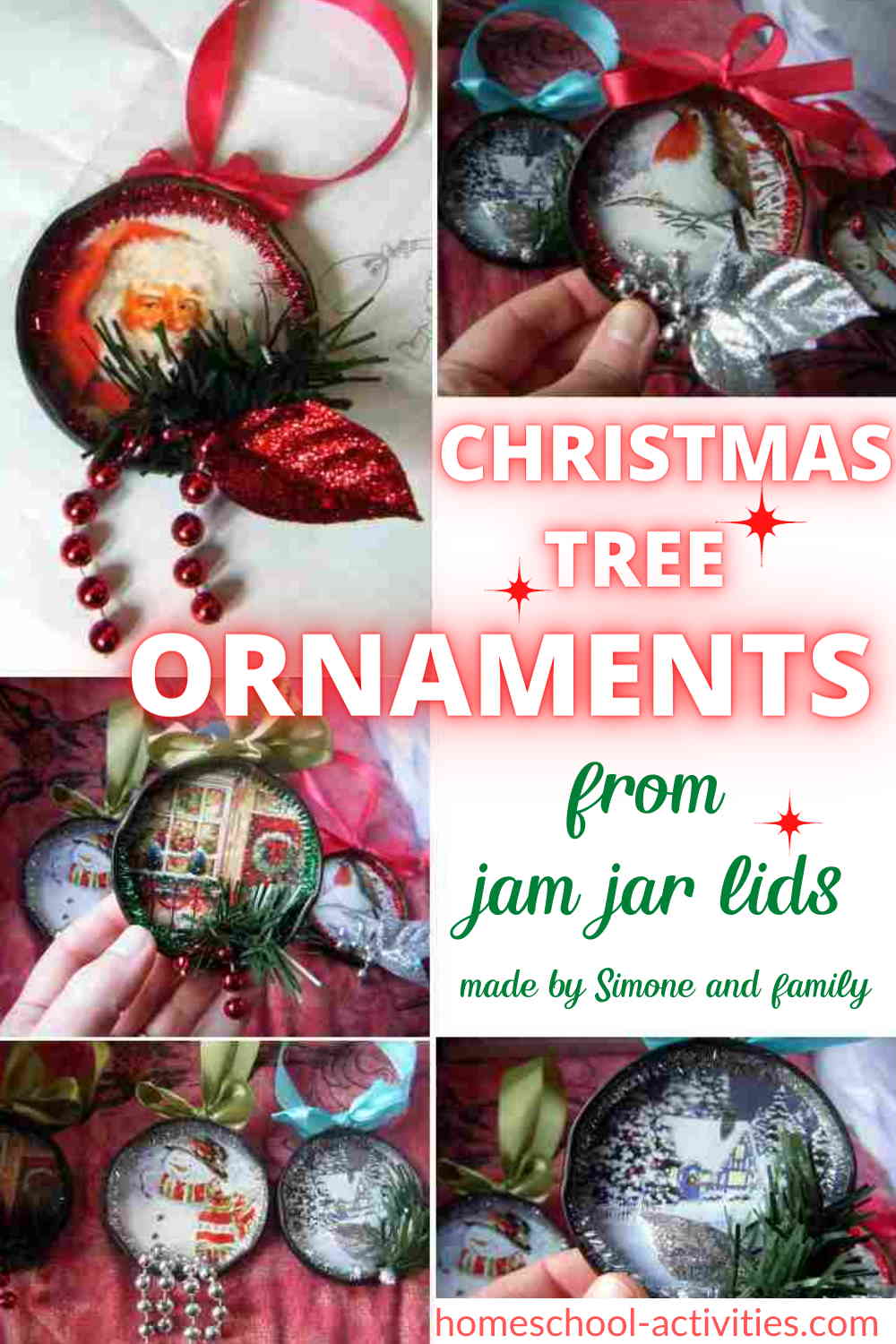 Christmas tree decorations handmade from jar lids
