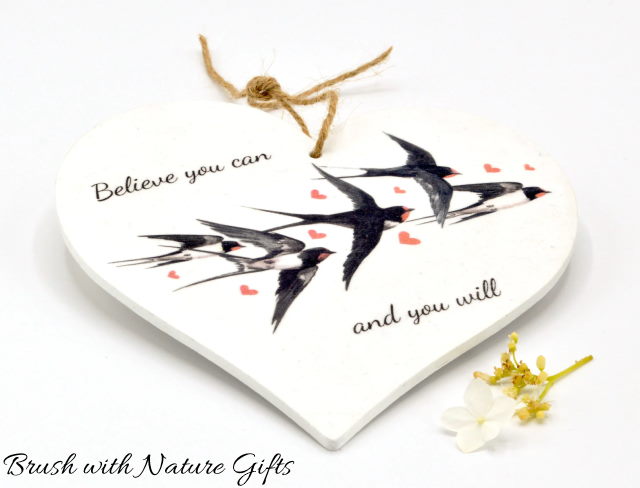 Decoupage swallows wooden heart plaque