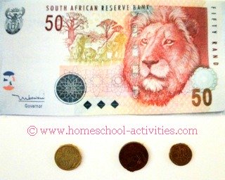 South African coins and 50 rand note