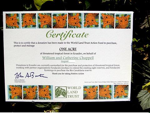world land trust rainforest certificate